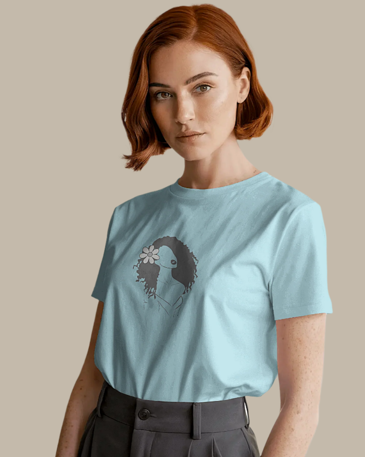 Women Classic Fit Graphic T-Shirt - Lady Flower - Baby Blue