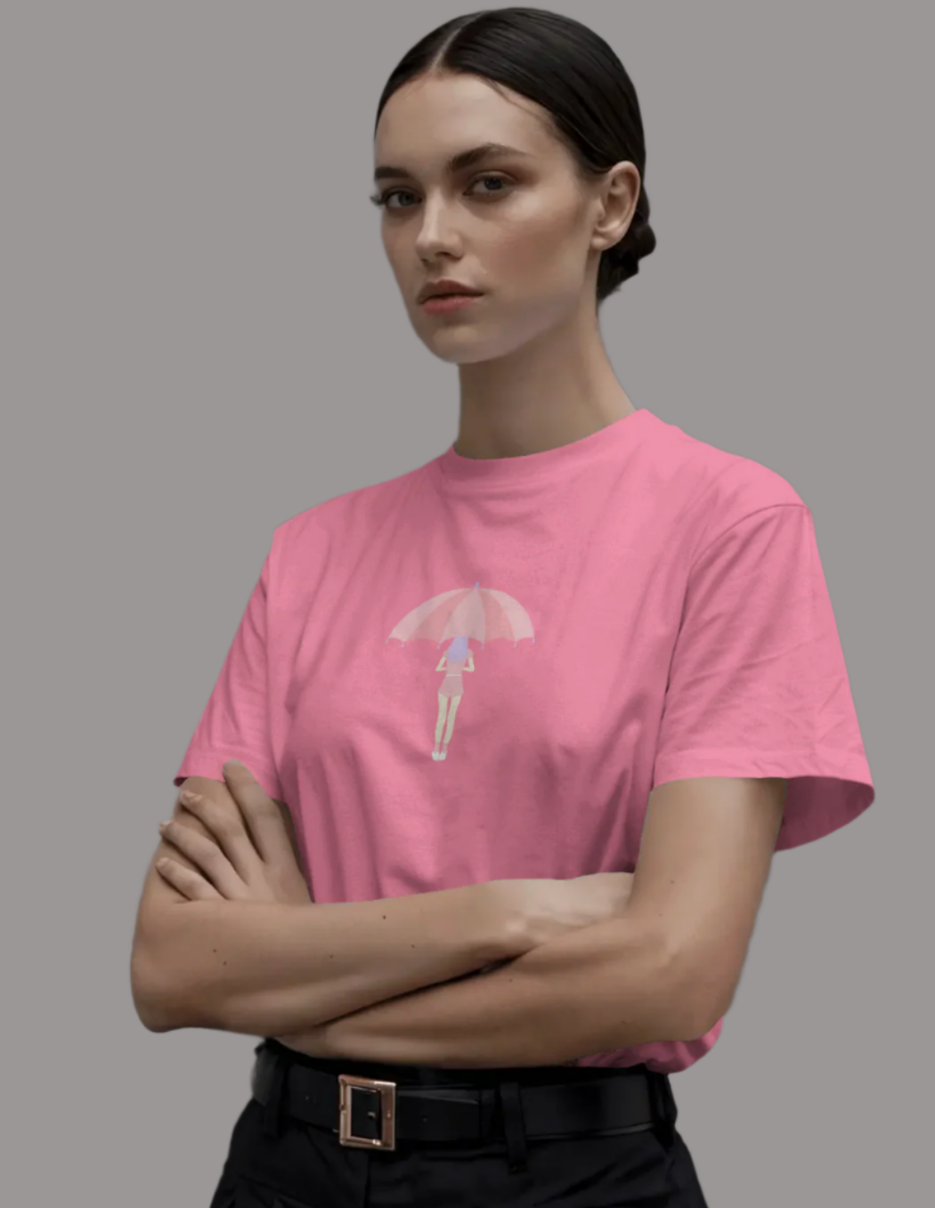 Women Classic Fit Graphic T-Shirt - Umbrella Girl - Flamingo Pink