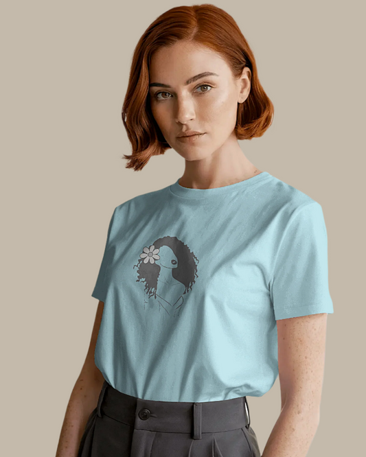 Women Classic Fit Graphic T-Shirt - Lady Flower - Baby Blue