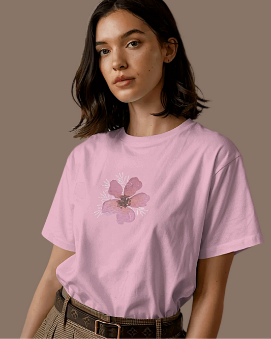 Women Classic Fit Graphic T-Shirt - Pink Flower - Baby Pink