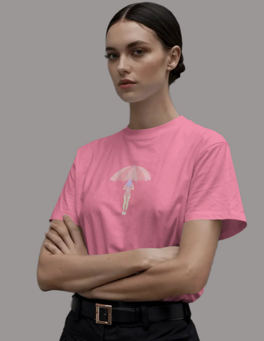 Women Classic Fit Graphic T-Shirt - Umbrella Girl - Flamingo Pink