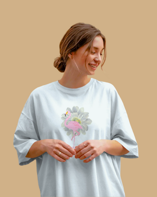 Women Oversized T-shirt - Flamingo - White