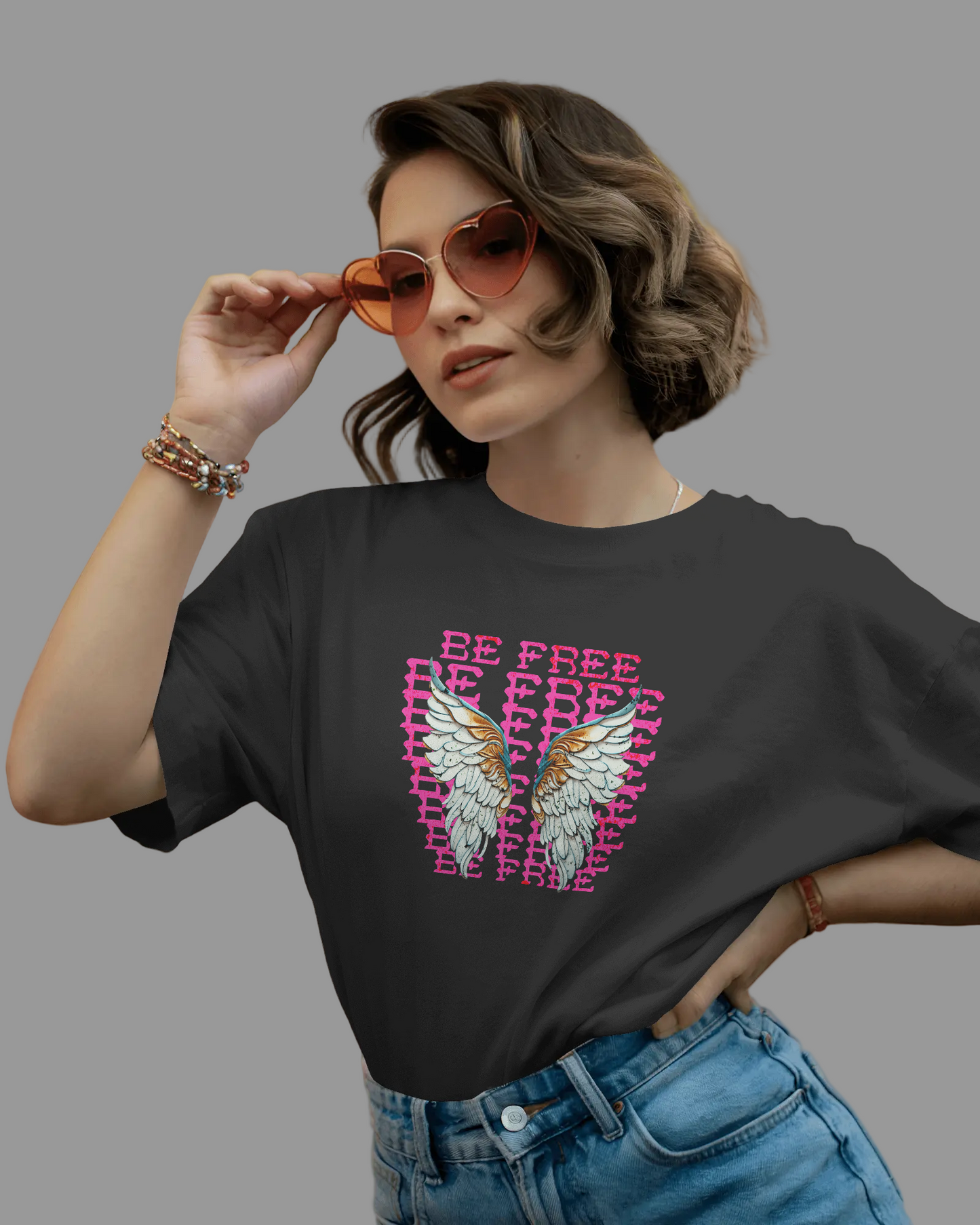Women Oversized T-Shirt - Be Free - Black