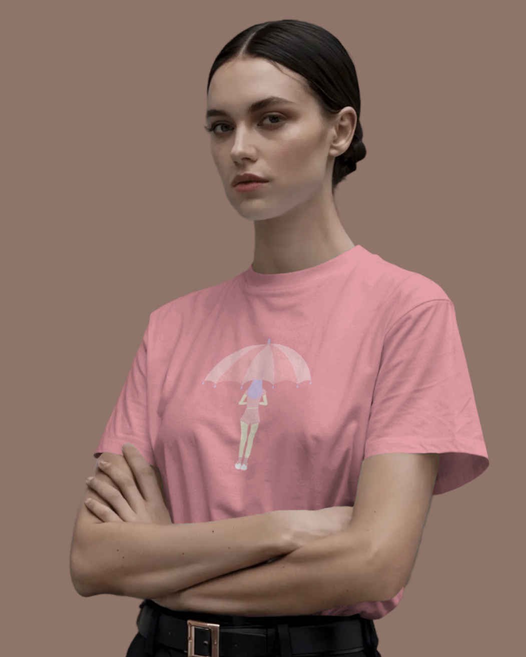 Women Classic Fit Graphic T-Shirt - Umbrella Girl - Flamingo Pink