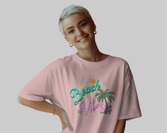 Women Oversized Cotton Printed T-shirt - Beach Vibes - Baby Pink